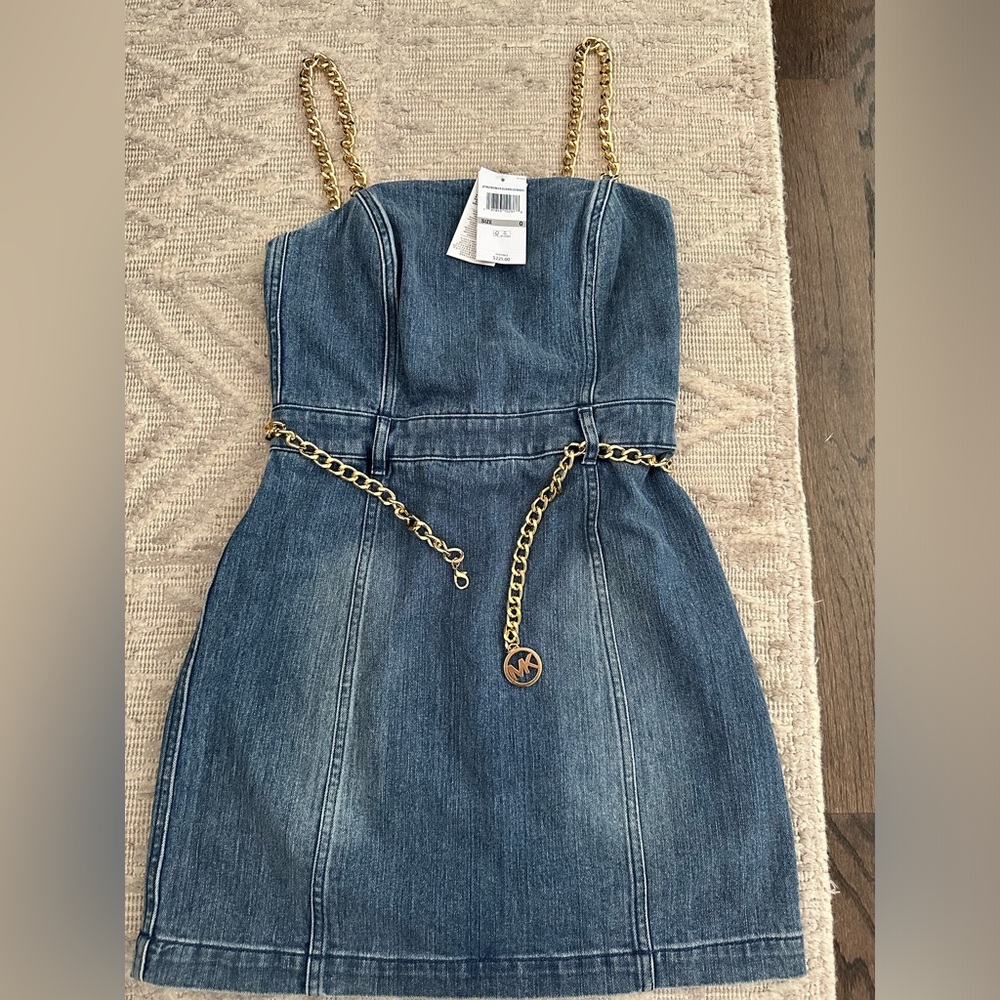 Michael Kors fitted Denim Dress with Gold Chain Accents NWT